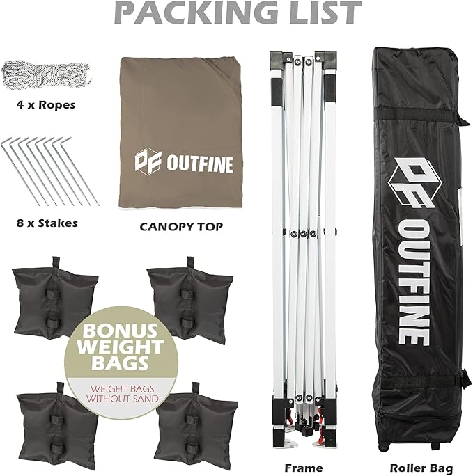 OUTFINE Pop-up Instant Gazebo Canopy 10x10 Patio Tent with Wheeled Bag,Canopy Sandbags x4,Tent Stakesx8 (Khaki, 10*10FT)