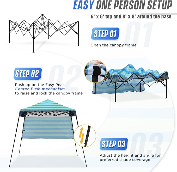 EAGLE PEAK 8x8 Pop Up Canopy Tent with Sidewall, Compact, Portable Slant Leg Instant Sun Shelter for Beach, Sports, & Camping, 8x8 Base 6x6 Top, Green Blue Stripe