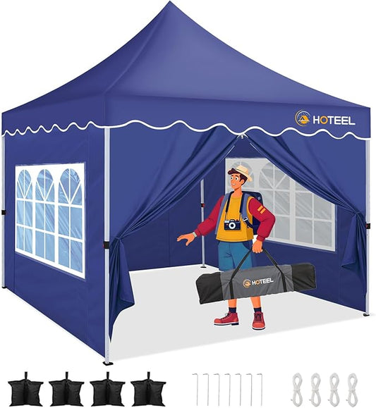 HOTEEL 10×10 Pop Up Canopy with 4 Sidewalls, UV 50+ and Waterproof Canopy Tent 10×10, Thickened Frame, Large Space Easy Pop Up Canopy, Outdoor Canopy for Weddings, Beaches, Parties, Patio (Dark Blue)