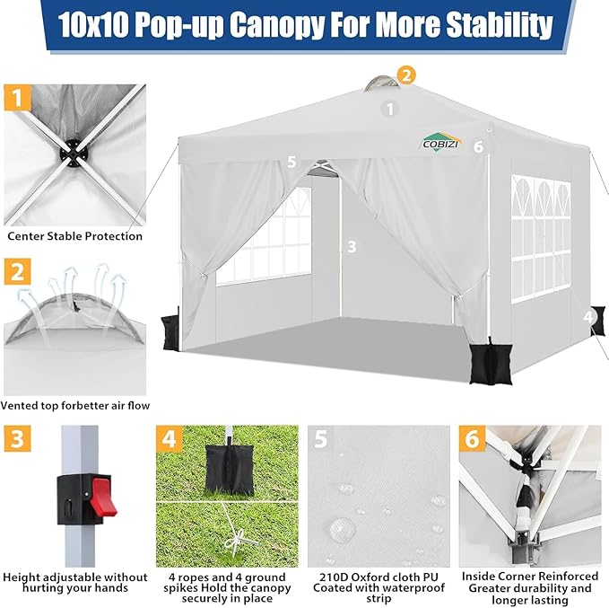 COBlZI 10x10 Pop Up Canopy Tent with 4 Removable Sidewalls，Waterproof Commercial Easy up Adjustable Gazebo with Air Vent, 4 Sandbags，4 Stakes & 8 Ropes（Tents for Party/Exhibition,White