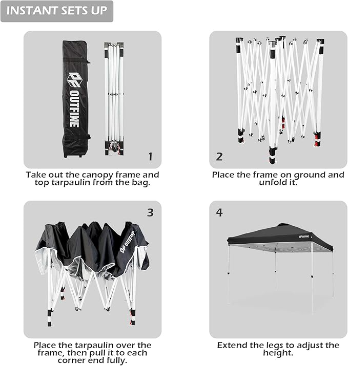 OUTFINE Pop-up Canopy 10x10 Patio Tent Instant Gazebo Canopy with Wheeled Bag,Canopy Sandbags x4,Tent Stakesx8 (Black, 10 * 10FT)