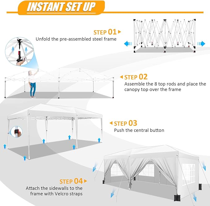 HOTEEL 10x20 Pop Up Canopy with 6 Sidewalls,One-Push Setup Canopy Tent with 8 Windbreak Poles,Waterproof Shade 10x20,Outdoor Canopies for Parties,Weddings,Camping,Patios (White)