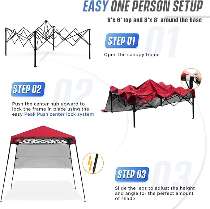 EAGLE PEAK 8x8 Pop Up Canopy Tent with Sidewall, Compact, Portable Slant Leg Instant Sun Shelter for Beach, Sports, & Camping, 8x8 Base 6x6 Top, Red