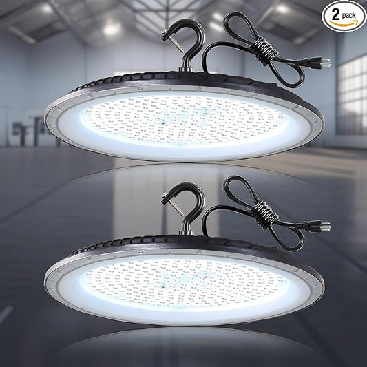 2 Pack 200W UFO LED High Bay Light, 5000K-Daylight, White, Aluminum, Energy Efficient, 30000LM, 120V, Commercial Bay Lighting for Warehouse, Workshop, Barn, Garage