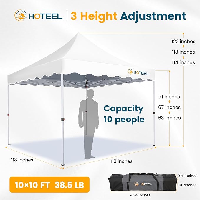 HOTEEL 10×10 Pop Up Canopy, UV 50+ and Waterproof Canopy Tent 10×10, Thickened Frame, Large Space Easy Pop Up Canopy, Outdoor Canopy for Weddings, Beaches, Parties, Patio (White)