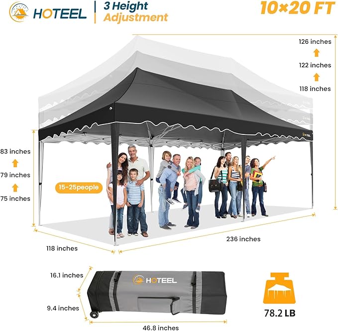 HOTEEL 10x20 Pop up Canopy Tent with 6 Removable Sidewalls, Wave Hem Roof 10x20 Canopy with Wheel Bag and 4 Sandbag, Commercial Pop up Tent Waterproof Sunshade for Wedding Party Stall(Black)