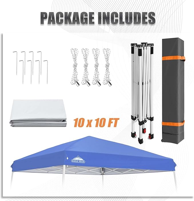 EAGLE PEAK 10x10 Slant Leg Outside Pop Up Canopy, Instant Outdoor Canopy Tent, 8x8 Top 10x10 Base Sun Shelter with Wheeled Carry Bag, Ropes and Stakes, Blue