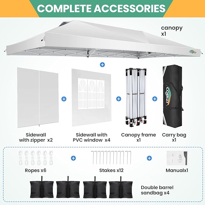 COBIZI 10x20 Pop Up Canopy Tent with 6 Removable Sidewalls,Waterproof & UV 50+ Easy Up Canopy,Commercial Gazebo with Air Vent,4 Sand Bags,4 Stakes & 8 Ropes,Tents for Parties/Camping/Backyard,White