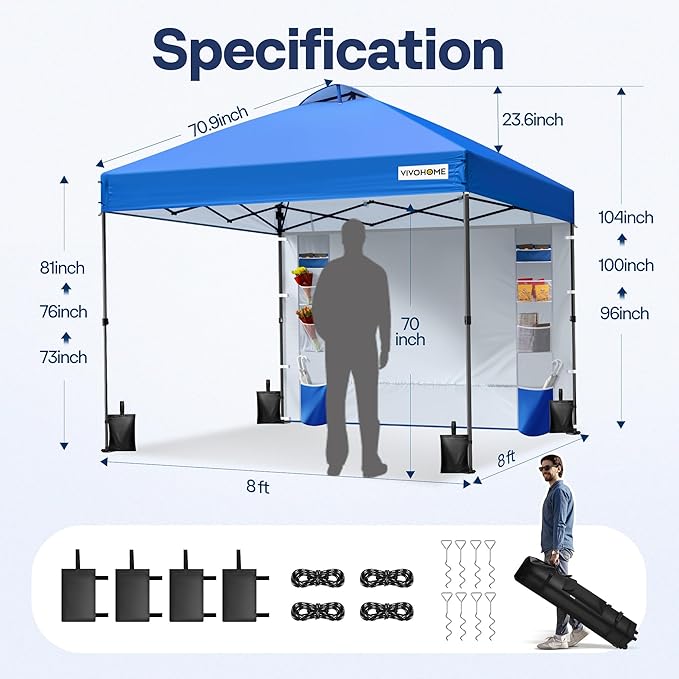 VIVOHOME 8x8ft Pop Up Canopy Tent with Sidewall and 6 Pockets, One Push Setup Outdoor Portable Shelter Tent Heavy Duty with Wheel Carry Bag and 4 Sandbags, Blue