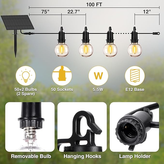 ZJOJO Solar Outdoor String Lights Waterproof, 100FT G40 Globe Patio Lights String Lights Solar Powered with 50 Edison Bulbs 2700K Shatterproof Hanging Lights for Porch Backyard Pergola Bistro