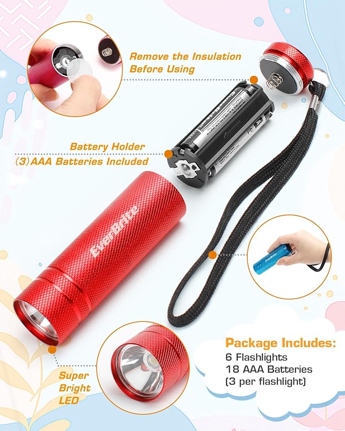 EverBrite 6-Pack Mini Flashlight Set, Aluminum LED Handheld Torches with Lanyard, Assorted Colors, Batteries Included for Party Favors, Night Reading, Camping, Power Outage, Gift to Christmas