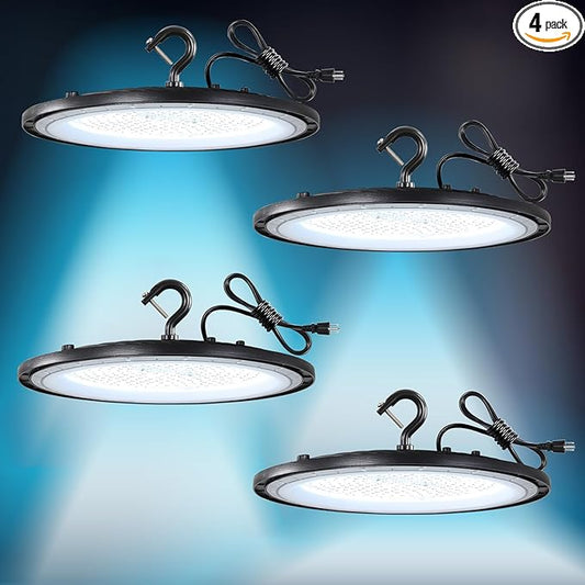 150W LED High Bay Lights with US Plug, 21000LM High Bay LED Shop Light, 5000K Daylight, IP65 Waterproof, UFO Commercial Warehouse Workshop Factory Barn Garage Lighting 4 Pack