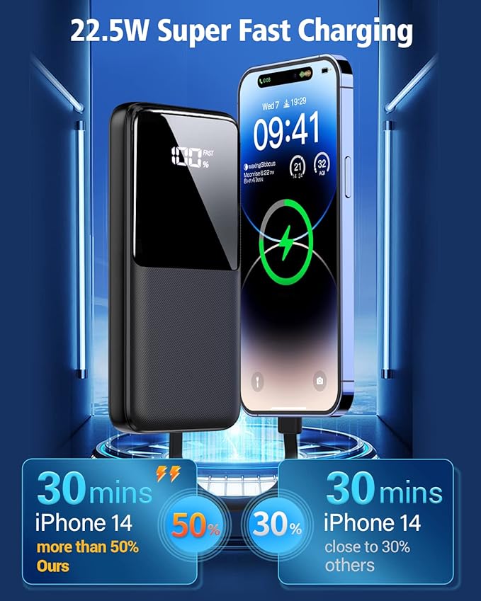 Portable Charger Power Bank - 15000mAh Fast Charging Powerbank Travel Camping Essential Battery Pack with Built in 22.5W Output Cable Compatible with iPhone16 15 14 13 Samsung Google Phone, 1 Pack