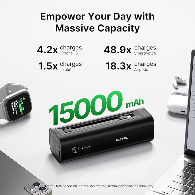 Autel Power Bank, LiFePO4 Battery 15,000mAh Portable Charger Top-Notch Safety, PD 3.0 Fast Charging Compatible with iPhone 16/15/14 Series, AirPods, Apple Watch, Samsung etc (Flight-Approved)