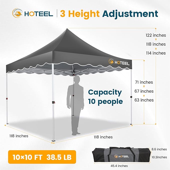 HOTEEL 10×10 Pop Up Canopy, UV 50+ and Waterproof Canopy Tent 10×10, Thickened Frame, Large Space Easy Pop Up Canopy, Outdoor Canopy for Weddings, Beaches, Parties, Patio (Grey)
