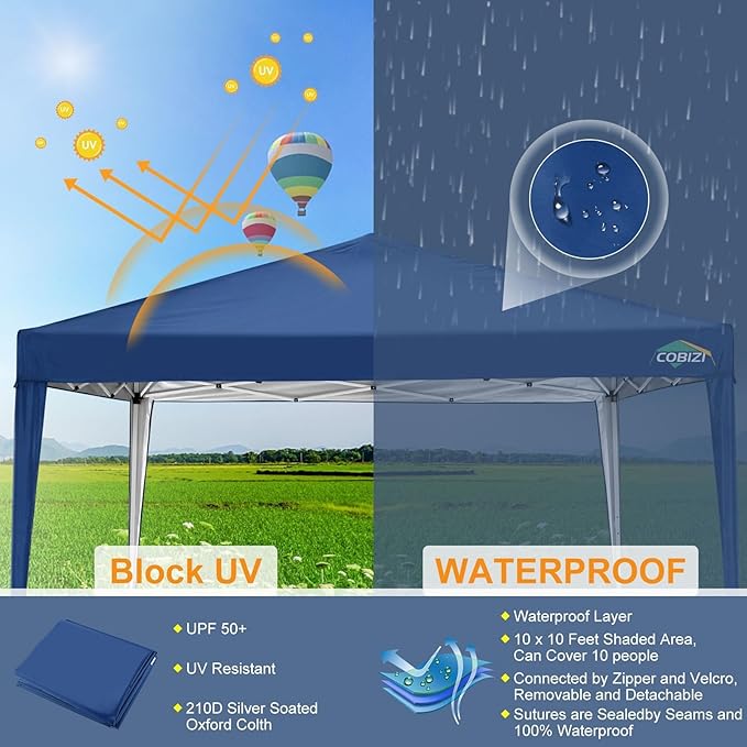 COBIZI 10x10 Pop Up Canopy Tent with 4 Sandbags, Easy Set Up Gazebo, Instant Outdoor Sun Shade &Waterproof Canopy with 8 Stakes,4 Ropes&Carry Bag, Tents for Parties, Beach, Backyard,Camping(Navy Blue