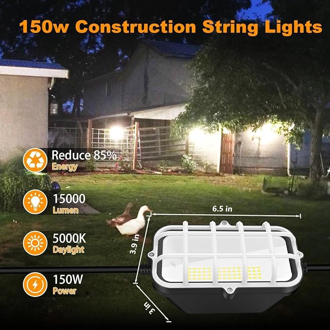 100ft LED Construction String Lights, 150W 15000LM Waterproof IP67 Led String Work Lights, Construction Temporary Lights (100ft-10lights).