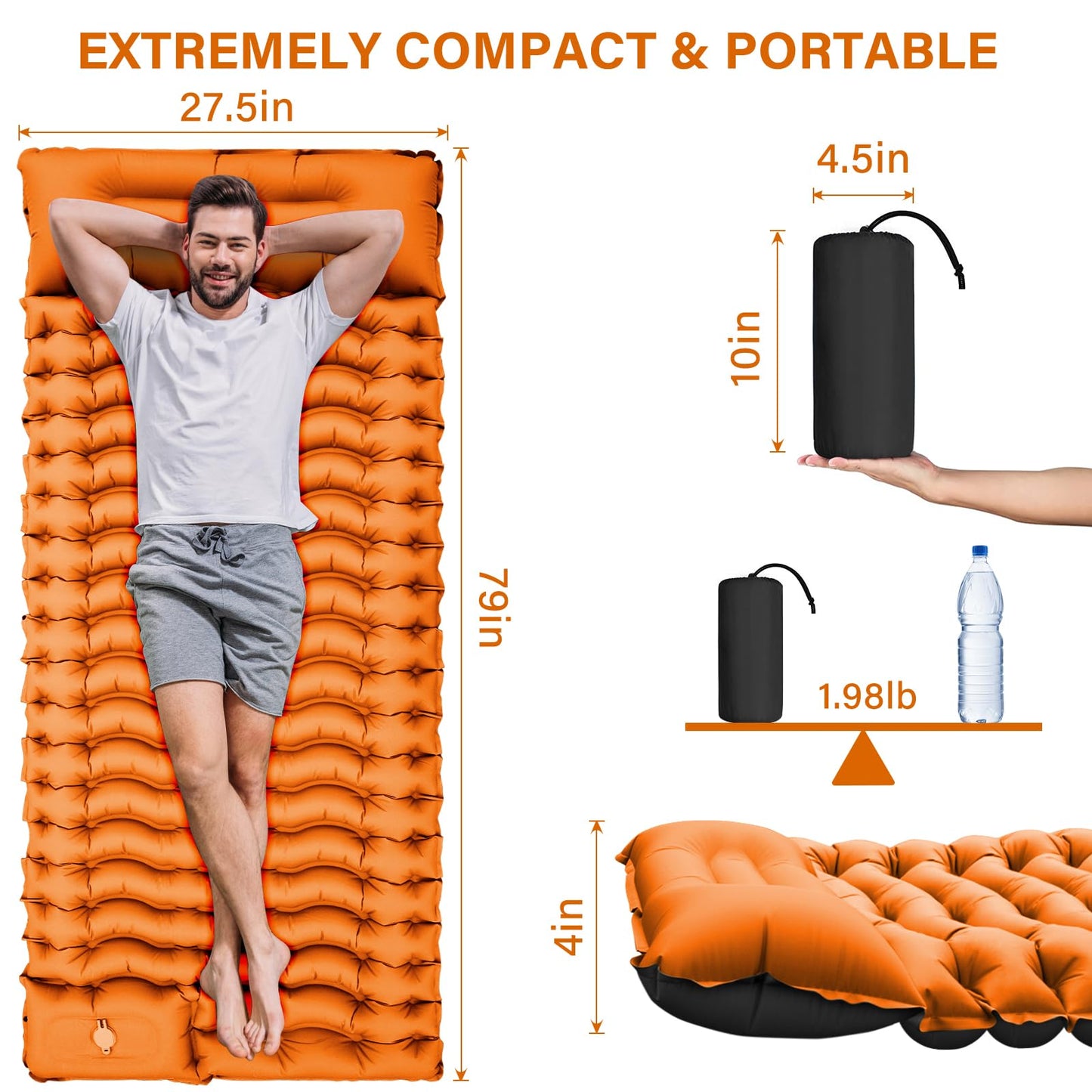Camping Sleeping Pad, Ultralight Camping Mat with Pillow Built-in Foot Pump Inflatable Sleeping Pads Compact for Camping Backpacking Hiking Traveling - Orange