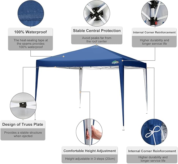 COBIZI 10x10 Pop Up Canopy Tent with 4 Sandbags, Easy Set Up Gazebo, Instant Outdoor Sun Shade &Waterproof Canopy with 8 Stakes,4 Ropes&Carry Bag, Tents for Parties, Beach, Backyard,Camping(Navy Blue