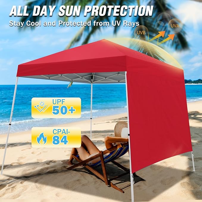 EAGLE PEAK 10x10 Pop Up Canopy Tent with Sidewall, Compact, Portable Slant Leg Instant Sun Shelter for Beach, Sports, & Camping, 10x10 Base 8x8 Top, Red