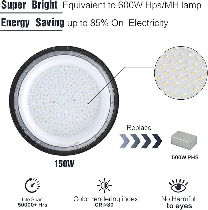 150W LED High Bay Lights with US Plug, 21000LM High Bay LED Shop Light, 5000K Daylight, IP65 Waterproof, UFO Commercial Warehouse Workshop Factory Barn Garage Lighting 4 Pack