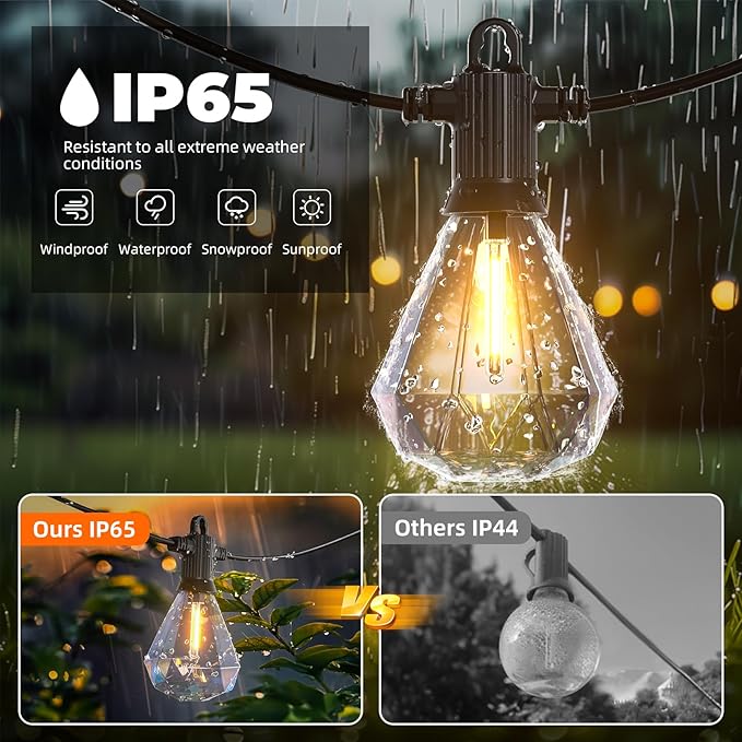 Kawaya Outdoor String Lights 48 FT LED Patio Lights with 24 Shatterproof Unique Diamond Edison Bulbs Warm White 2700K Dimmable IP65 Waterproof Outside Hanging Lights for Yard Porch Balcony Bistro Cafe