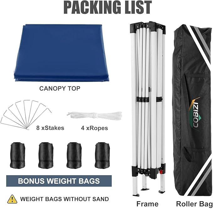 COBIZI 10x10 Pop Up Canopy Tent with 4 Sandbags, Easy Set Up Gazebo, Instant Outdoor Sun Shade &Waterproof Canopy with 8 Stakes,4 Ropes&Carry Bag, Tents for Parties, Beach, Backyard,Camping(Navy Blue