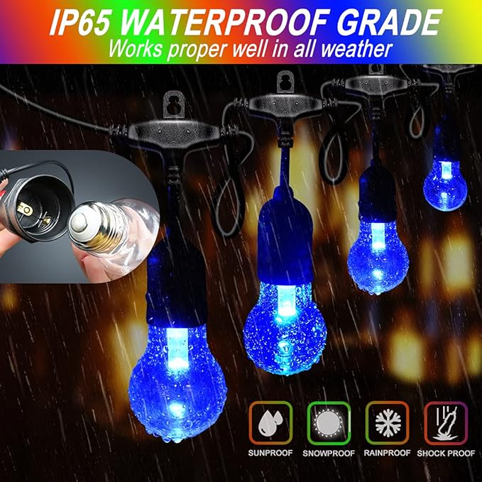 96FT Outdoor Patio Lights Color Changing, RGB LED String Lights with 32 E26 Shatterproof Edison Bulbs, Dimmable Patio String Lights for Backyard Garden, 2 Remote Controllers