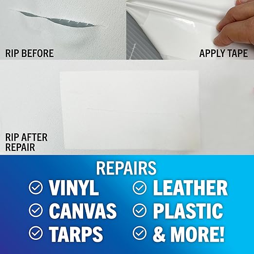 Repair Tape for Fabric Boat Covers, Canvas Tents, Pop-Up Campers, RV Awnings, Tarps, Canopies, Bimini Tops, Sails, Air Mattress Patch Kit, 30ft x 3" White Heavy-Duty Waterproof Vinyl