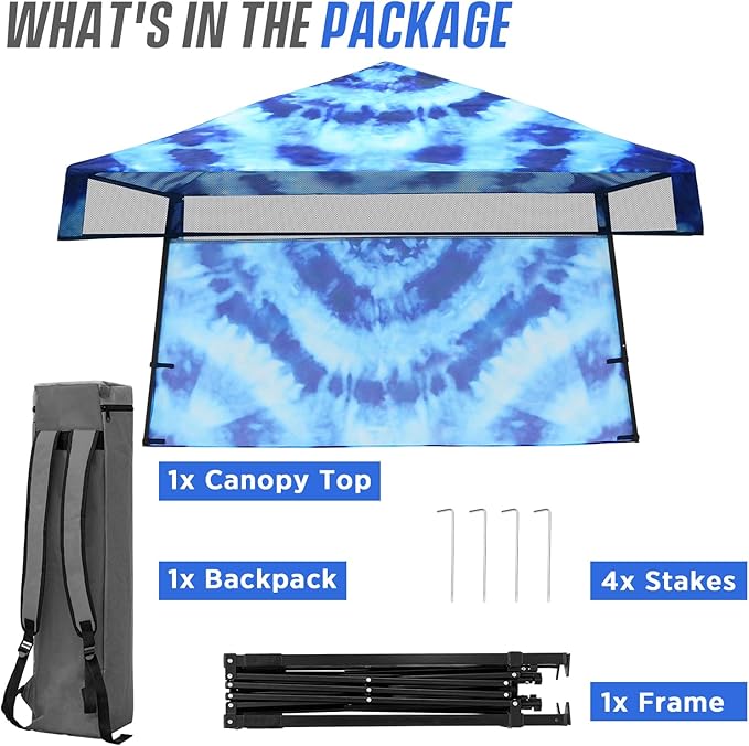 EAGLE PEAK 8x8 Pop Up Canopy Tent with Sidewall, Compact, Portable Slant Leg Instant Sun Shelter for Beach, Sports, & Camping, 8x8 Base 6x6 Top, Tie Dye Blue