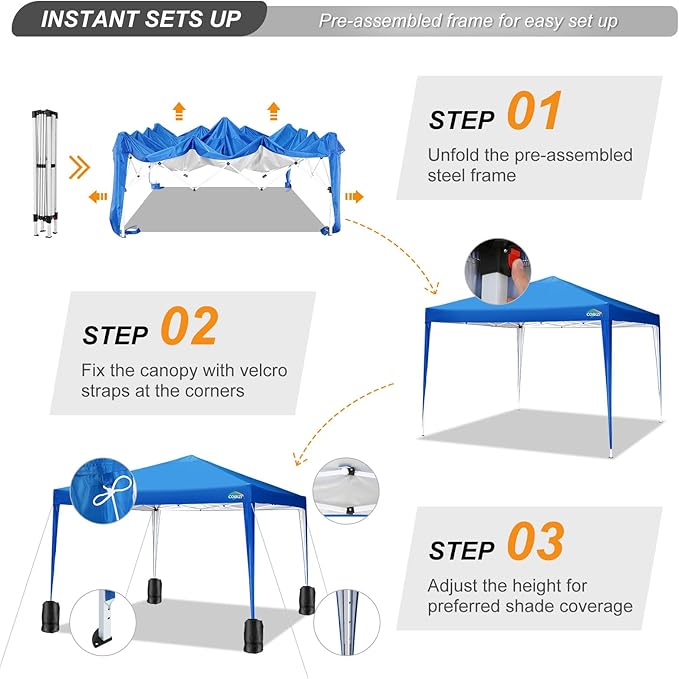 COBIZI 10x10 Pop Up Canopy Tent with 4 Sandbags, Easy Set Up Tent, Instant Outdoor Sun Shelter Canopy with 8 Stakes,4 Ropes&Carry Bag, Tents for Parties, Beach, Backyard,Camping（Blue