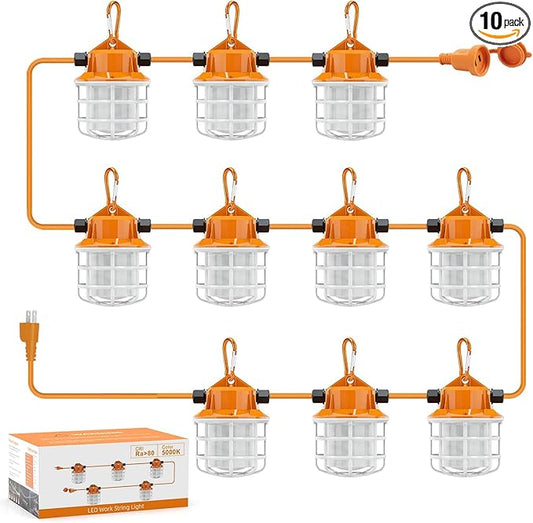 NS 100FT Construction String Lights 150W LED Industrial Grade 15000LM 5000K IP65 Linkable for Construction Sites, Temporary Work, Renovation, Jobsite,All Outdoor Lighting, with 10 Bulbs and Hook