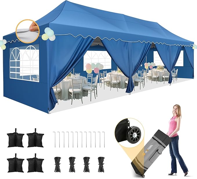HOTEEL 10x30 Pop Up Canopy with 8 Sidewalls, UV 50+ and Waterproof Party Tent 10×30, Thickened Frame, Large Space Easy Pop Up Canopy, Outdoor Canopy for Weddings, Beaches, Parties, Patio (Blue)