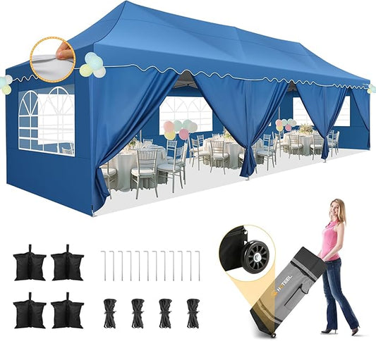 HOTEEL 10x30 Pop Up Canopy with 8 Sidewalls, UV 50+ and Waterproof Party Tent 10×30, Thickened Frame, Large Space Easy Pop Up Canopy, Outdoor Canopy for Weddings, Beaches, Parties, Patio (Blue)