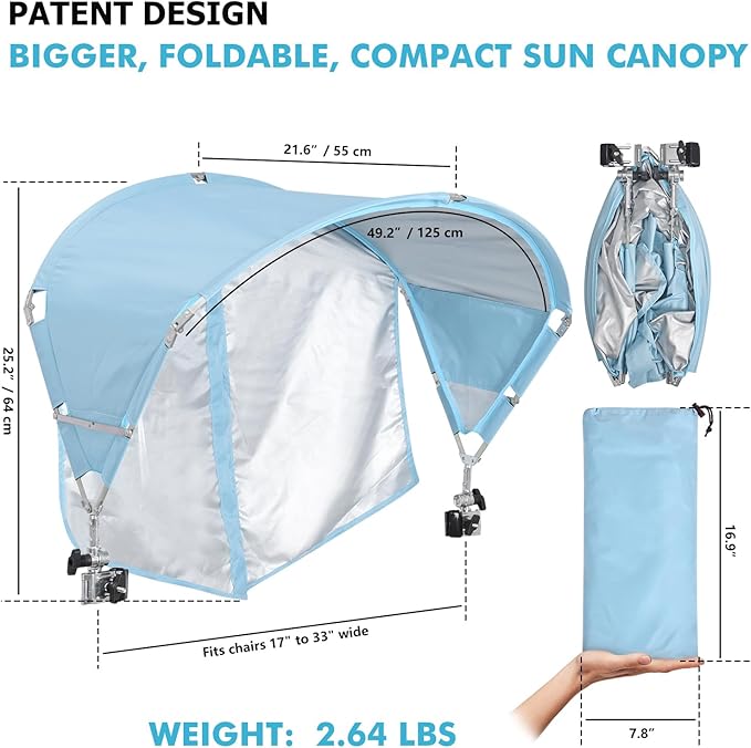 Universal Chair Umbrella Canopy, UPF 50+ Sun Shade with Adjustable Clamp Clip for Beach Chair, Outdoor Camping Chair, Sports Chair, Lawn Chair, Tanning Chair, Zero Gravity Chair, Blue 2 Pack