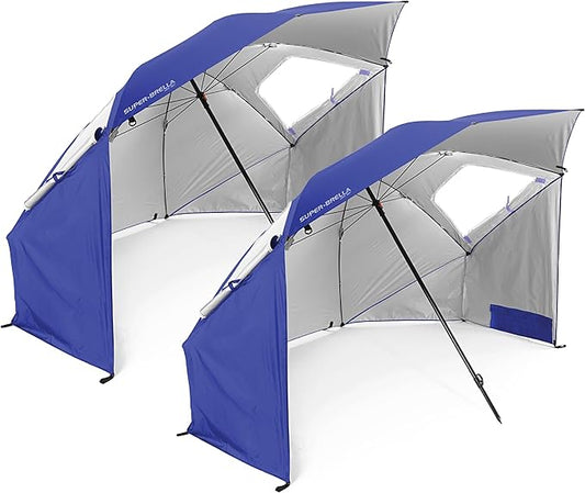 Sport-Brella Super-Brella SPF 50+ Sun and Rain Canopy Umbrella for Camping, Beach and Sports Events (8-Foot, Blue, 2-Pack)