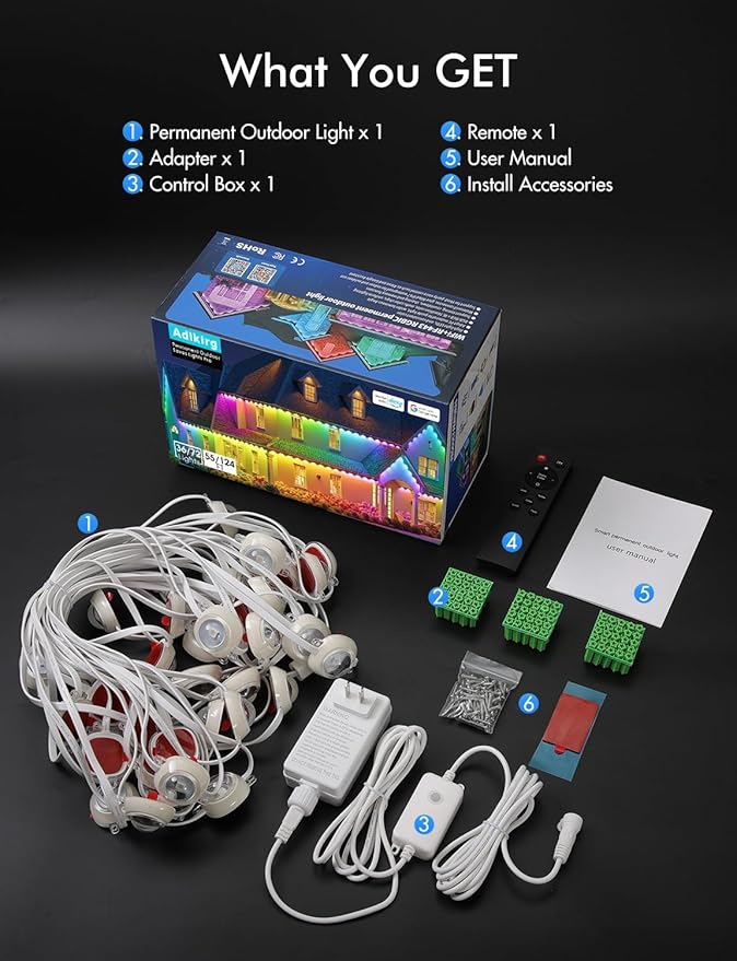 Smart Permanent Outdoor Lights Pro, 55ft with 36 RGB+IC Led Permanent Outdoor Lights for House, 51 Scenes, IP68 Waterproof, App/Remote Control for Christmas House Roof Lighting