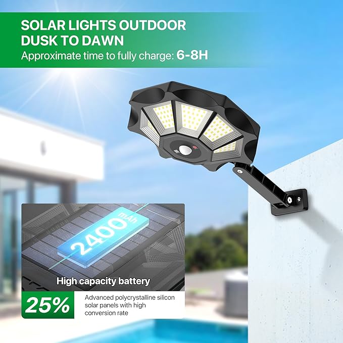 Kifflux Solar Lights Outdoor Waterproof, 8 Sides Solar Street Lights Outdoor Dusk to Dawn, 168LED Powered Flood Light with Motion Sensor, IP66 Waterproof Security Light for Outside Parking lot, 2 Pack