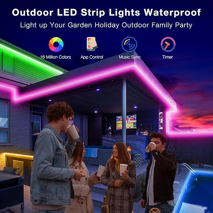 DAYBETTER Outdoor LED Strip Lights, IP67 Waterproof LED Lights with Remote, APP Control, Color Changing LED Rope Lights for Bedroom, Bathroom, Roof, Balcony, Pool, 24V, 100ft