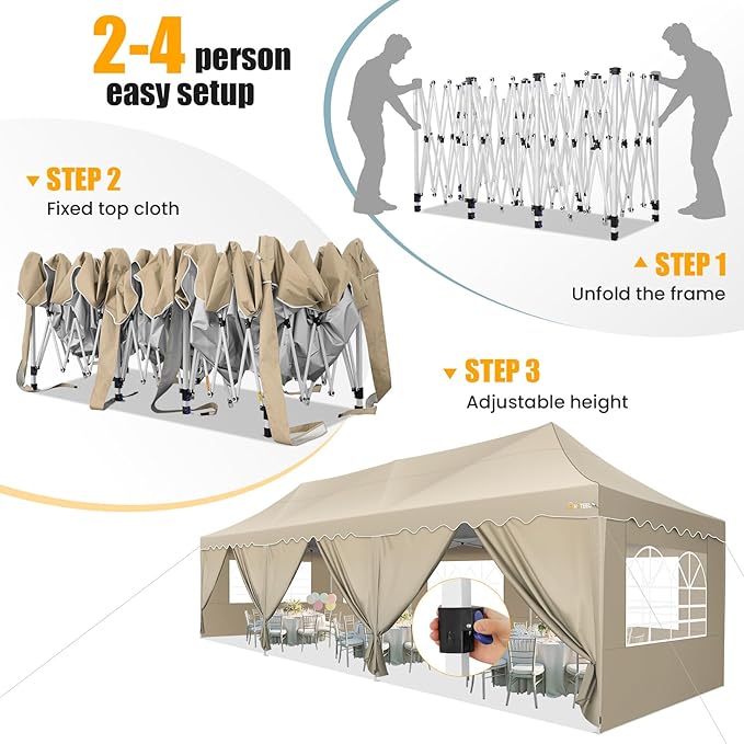 HOTEEL 10x30 Pop Up Canopy with 8 Sidewalls, UV 50+ and Waterproof Party Tent 10×30, Thickened Frame, Large Space Easy Pop Up Canopy, Outdoor Tent for Wedding, Beaches, Parties, Patio (Khaki)