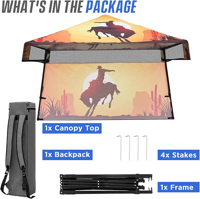 EAGLE PEAK 8x8 Pop Up Canopy Tent with Sidewall, Compact, Portable Slant Leg Instant Sun Shelter for Beach, Sports, & Camping, 8x8 Base 6x6 Top, Cowboy