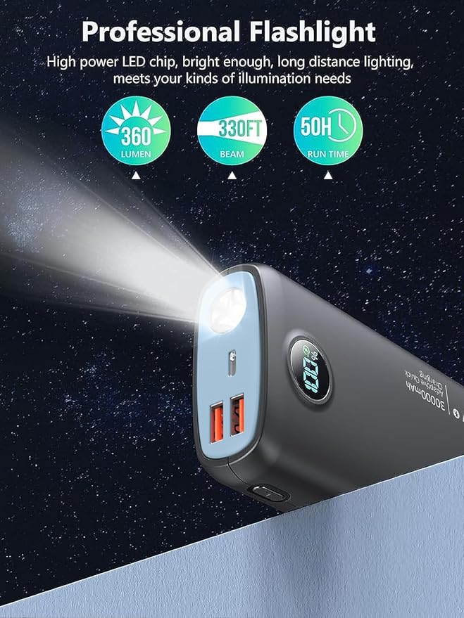 Portable Charger-Output Input USB C Fast Charging LED Display SCP22.5W PD 30W QC4.0 Power Bank, Flashlight External Battery Pack for iPhone, Xiaomi, LG, and More (Black Blue)