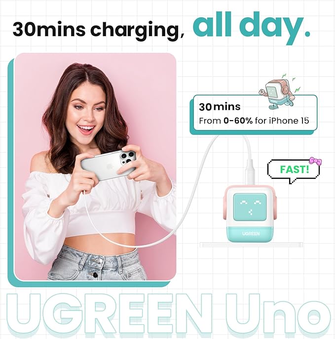 UGREEN Uno 30W USB C Charger Block, Compact Nexode Robot GaN Fast Charger for iPhone 16/15/14, Galaxy S25/S24/S23, Pixel 9/8/7, MacBook Air, iPad Pro (Pink Blue)