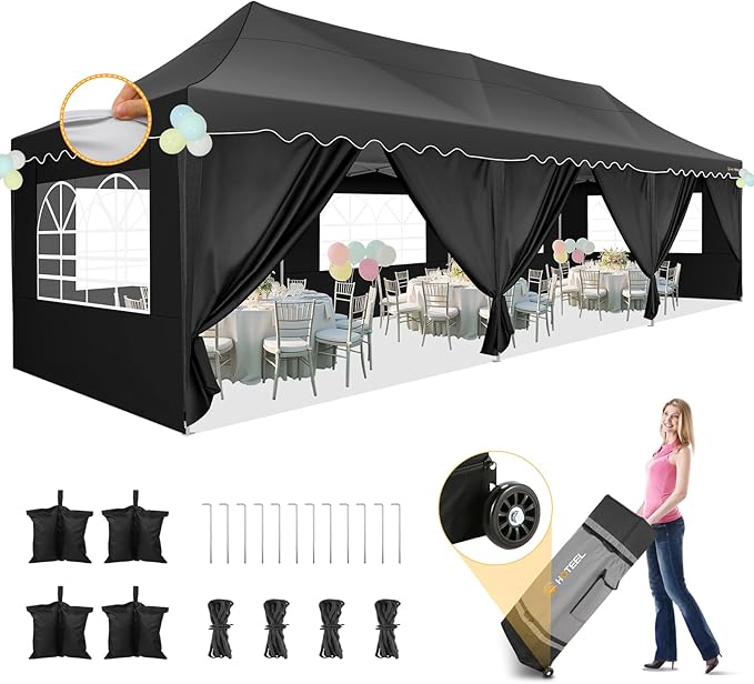 HOTEEL 10x30 Pop Up Canopy with 8 Sidewalls, UV 50+ and Waterproof Party Tent 10×30, Thickened Frame, Large Space Easy Pop Up Canopy, Outdoor Canopy for Weddings, Beaches, Parties, Patio (Black)