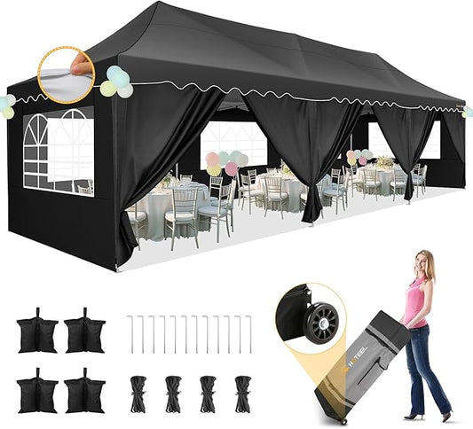HOTEEL 10x30 Pop Up Canopy with 8 Sidewalls, UV 50+ and Waterproof Party Tent 10×30, Thickened Frame, Large Space Easy Pop Up Canopy, Outdoor Canopy for Weddings, Beaches, Parties, Patio (Black)