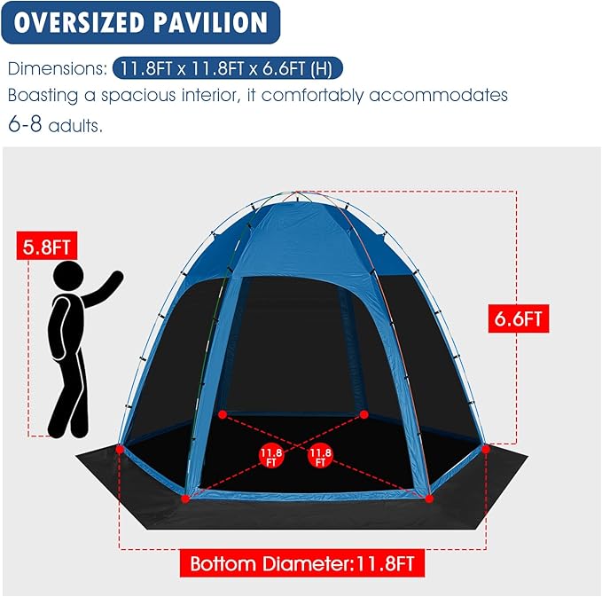 Screen Tent with Removable Floor, Siebwin 11.8'x11.8' Six-Sided Gazebos with Mosquito Netting Sunproof Outdoor Canopy Tent for 6-8 People Family Backyard Party Outside Activities, Blue