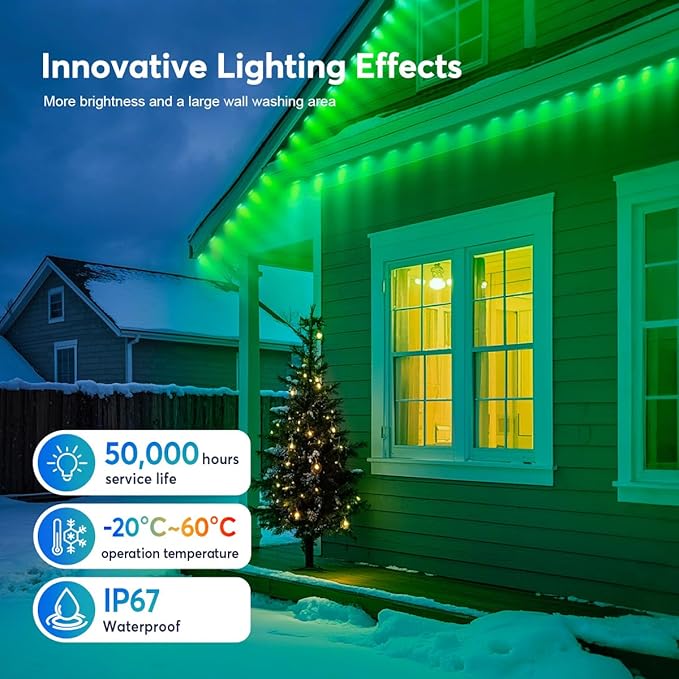 200ft Permanent Outdoor Lights for House, App & Remote Control, RGB Smart Eaves Lights IP68 Waterproof for Christmas, Holiday, Daily Decor, 100LEDs