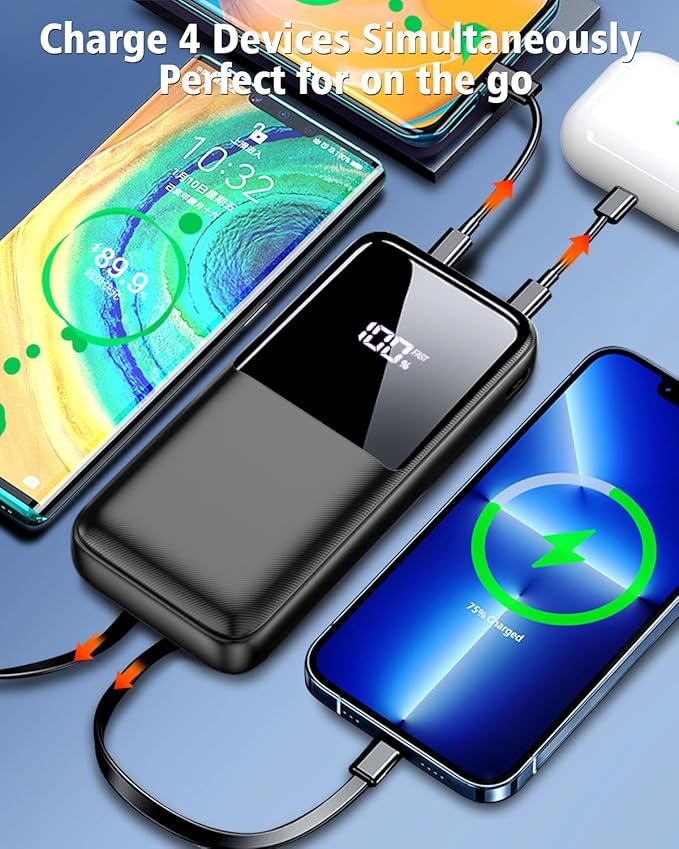 Portable Charger Power Bank - 36800mAh Fast Charging Powerbank Battery Pack with Built in USB-C(22.5W) and iOS(20W) Output Cable Compatible with iPhone Android Samsung etc (1 Pack, Black)