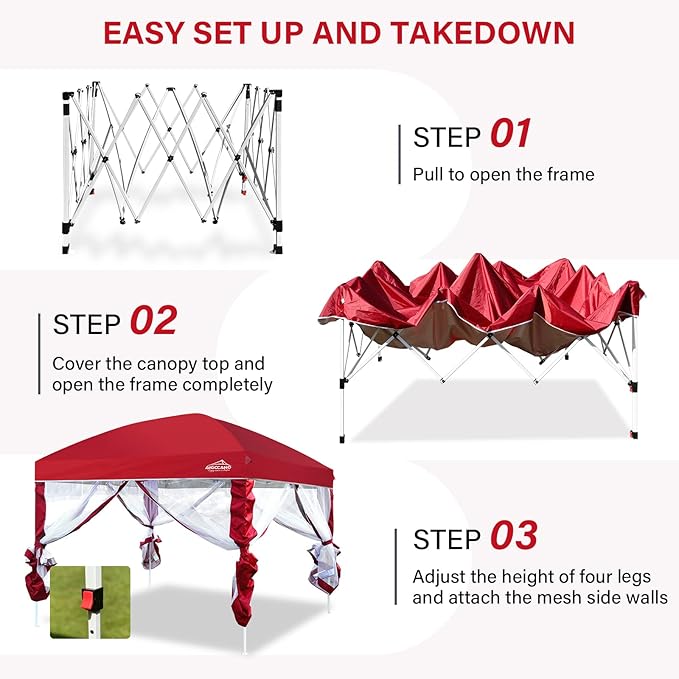 Canopy Tent with Netting Screen,10x10 Easy Pop Up Gazebo for Outdoor Parties,Camping,Foldable Patio Gazebo with Roller Bag and 4 Sandbags (Red)