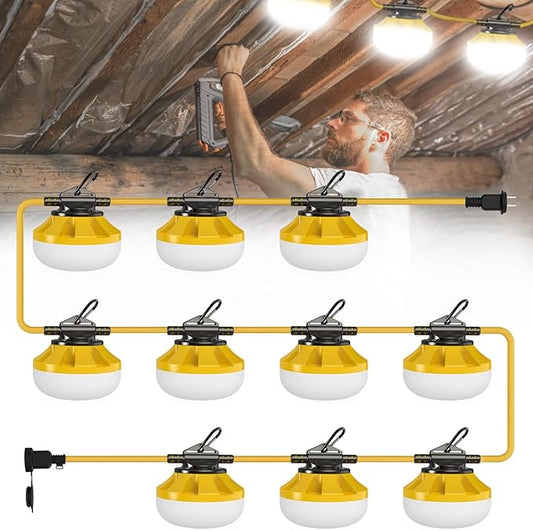 100FT Construction String Lights: 100W Led Construction String Lights with 5 Bulbs & Hooks, IP65 Attic Lighting 5000K Linkable Hanging Work Light for Crawlspace, Basement, Backyard